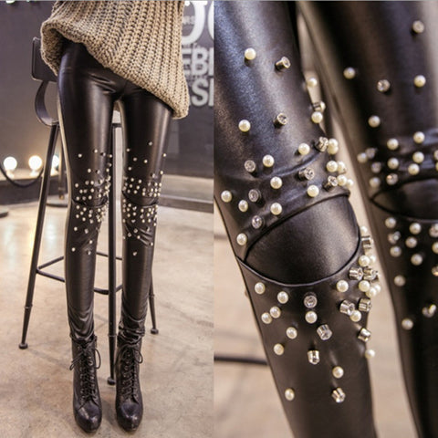 Punk Pearl Leather Leggings